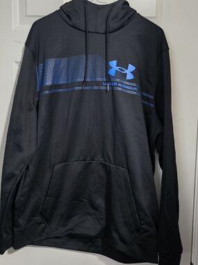 Under Armour Black Pullover Hoodie with Blue Logo and Stripe
